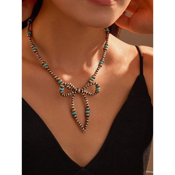 🆕 Women Blue Western Bow Pearl Necklace Trendy Dainty Cowgirl Birthday Jewelry - Picture 2 of 7